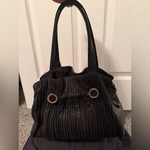 Bvlgari Black Pleated Leather Tote with Gold Ring Hardware
